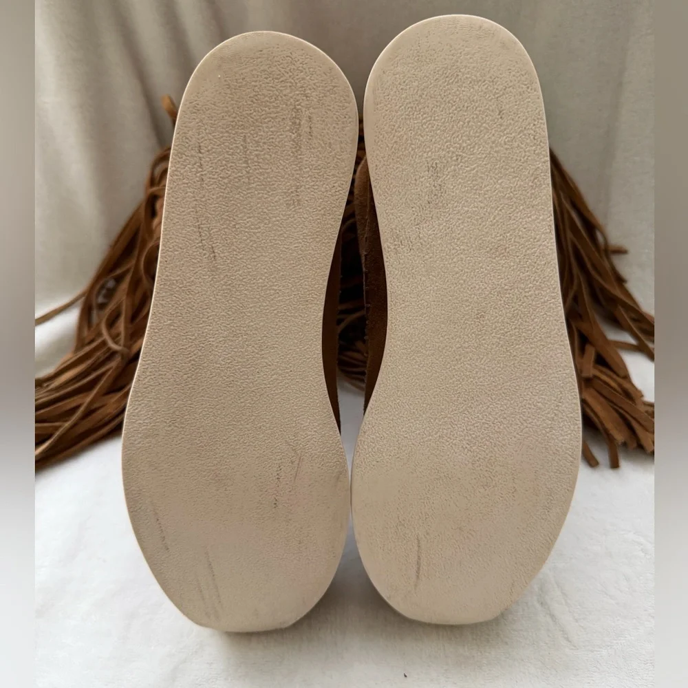 Maison Des Talons Anthropologie Tan Suede Fringe Mocassin Half Boots Size 38/8